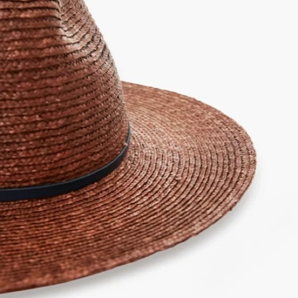 Lola hat from Tuckernuck Wide-Brim Straw Fedora in Rust with Navy Band - Picture 4 of 11